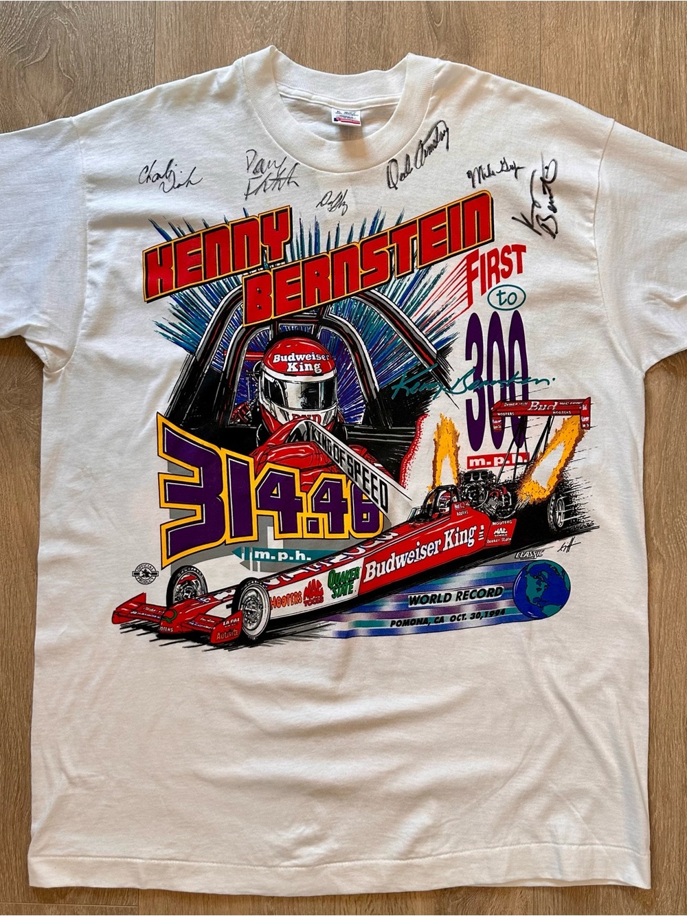Vtg 90s Kenny Bernstein Budweiser King NHRA T-Shirt - Autographed (Men’s XL)